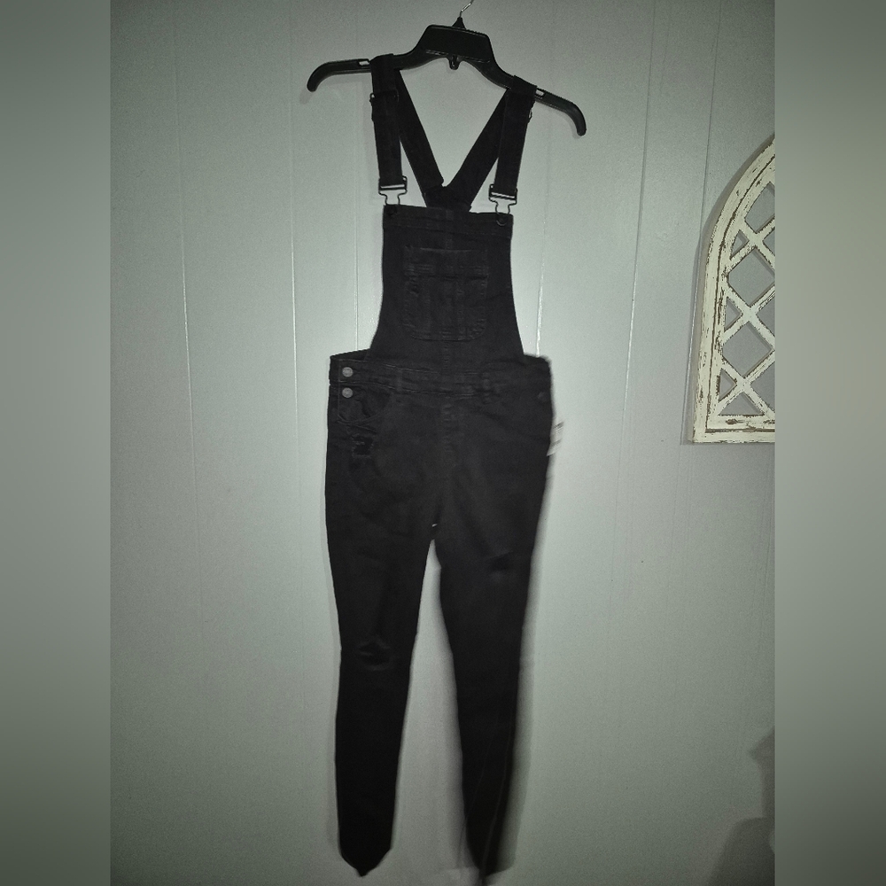 Women's Refuge Distressed Black Denim Skinny Overalls Size 4 NWT